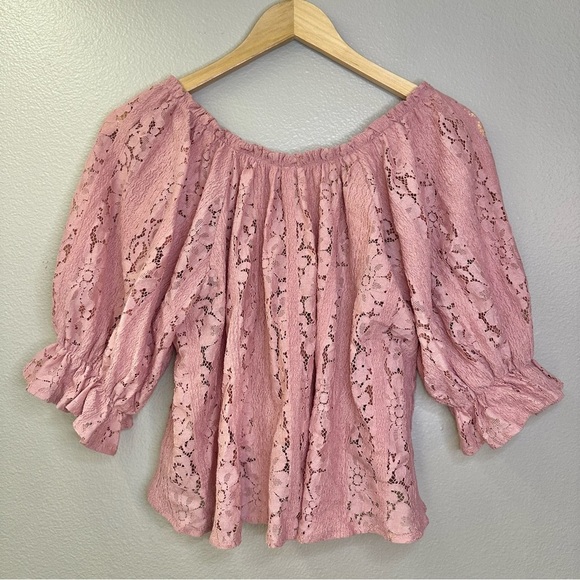 NEW Free People Stacey Lace Blush Tint Puff Sleeve Top Blouse Cropped Flowy - Picture 8 of 11